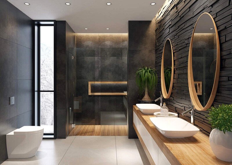 Badkamer met badkamerverlichting Japanse stijl, toilet, inloopdouche