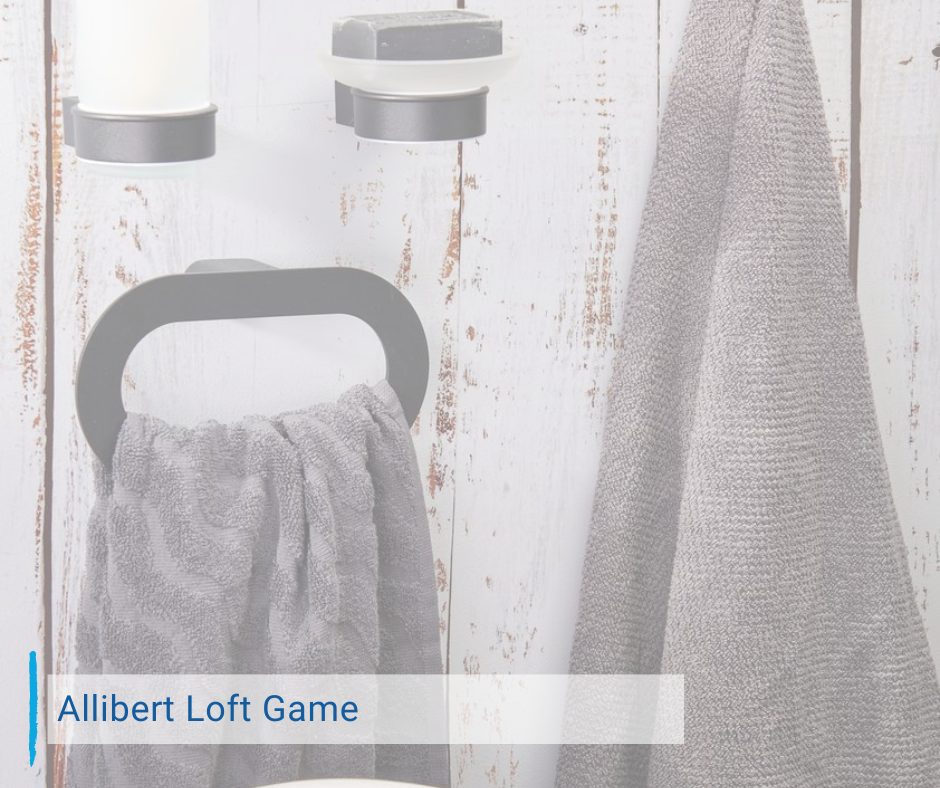handdoeken en handdoekhanger met tekst "Allibert Loft Game"