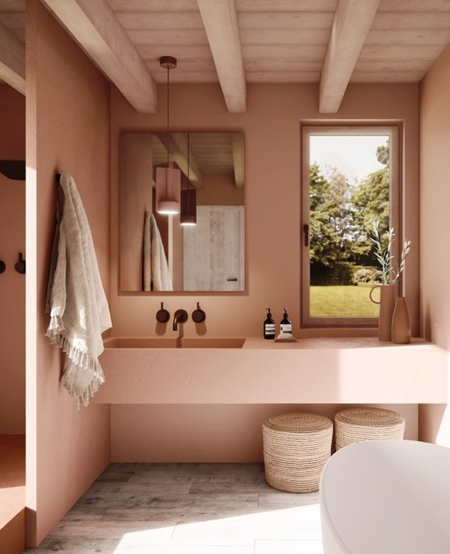 gezellige pastelroze badkamer 