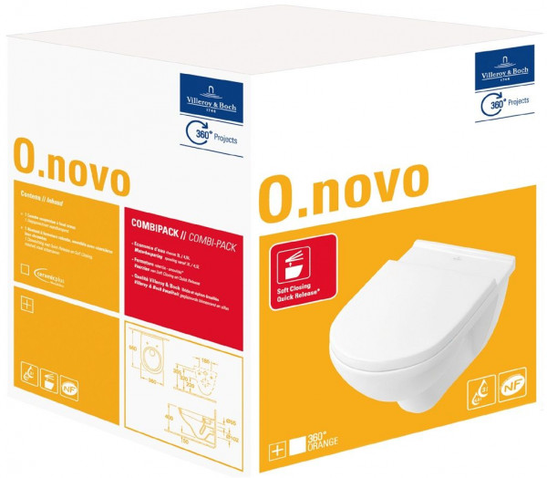 Villeroy en Boch Hangend Toilet O.novo Wit Toiletbril Soft Close Quick Release 3in1 5660H1R1 + 92242700+ 92248568