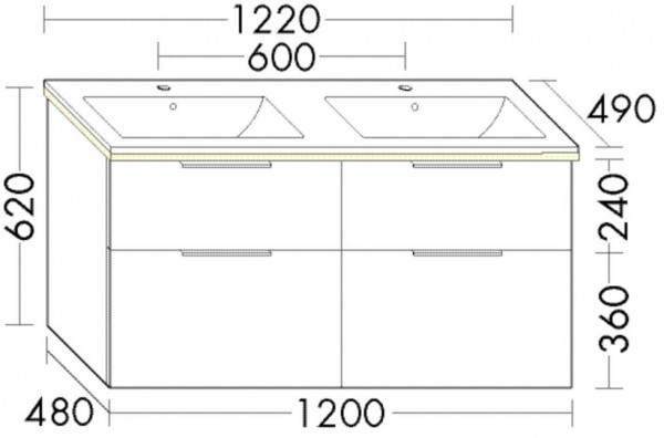 Badkamermeubel Set Burgbad Eqio Dubbele wastafel, verlicht 4-lades meubel 1220x620mm Aanpasbaar SHCA122-PN258