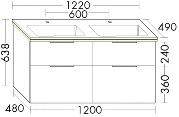 Badkamermeubel Set Burgbad Eqio Dubbele wastafel, verlicht 4-lades meubel 1220x638mm Aanpasbaar SHCG122-PN258