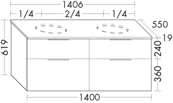 Wastafel Onderkast Burgbad Eqio voor Dubbele wastafel, 4 laden 1406x619mm Aanpasbaar SGUV140-PN258