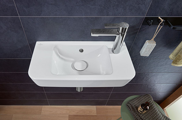 Fontein Toilet Villeroy en Boch O.novo Compact , 1 gat rechts, Met overloop, Ongeslepen 500mm Alpenwit CeramicPlus AntiBac