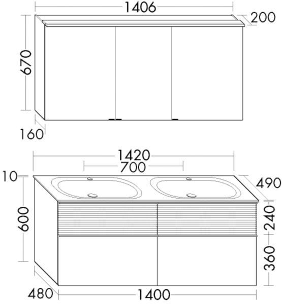 Badkamermeubel Set Burgbad Fiumo 4 laden, waarvan 2 geplooid, 3-deurs spiegelkast, dubbele wastafel 1420mm Aanpasbaar SGGT142-PN491