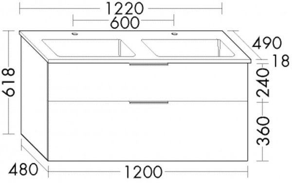 Badkamermeubel Set Burgbad Eqio Dubbele wastafel, meubel met 2 lades 1220x618mm Aanpasbaar SHCD122-PN258