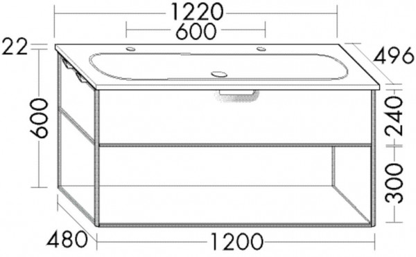 Badkamermeubel Set Burgbad Vry 1 lade, 1 legplank, Dubbele wastafel 1230mm Aanpasbaar SGUK123-PN610