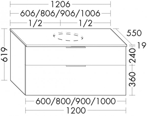 Wastafelmeubel Voor Opzet Waskom Burgbad Eqio 2 laden 606x619mm Aanpasbaar WXXH060-PN258