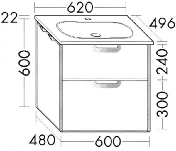 Badkamermeubel Set Burgbad Vry Kast met 2 lades, 1-gats wastafel 630mm Aanpasbaar SGUX063-PN610