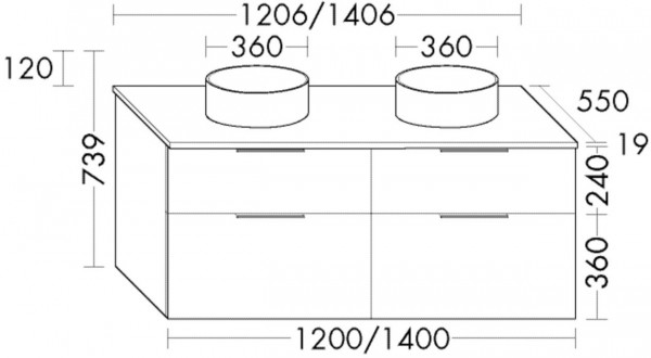 Badkamermeubel Set Burgbad Eqio Dubbele wastafel, meubel met 4 lades 1406x739mm Aanpasbaar SGUO140-PN258