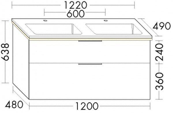 Badkamermeubel Set Burgbad Eqio Dubbele wastafel, 2 verlichte lades 1220x638mm Aanpasbaar SHCE122-PN258