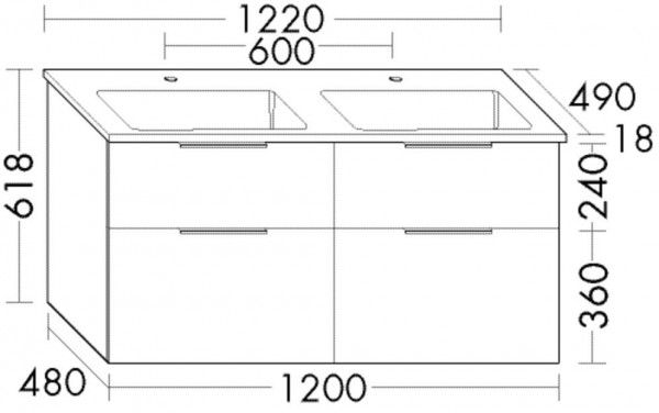 Badkamermeubel Set Burgbad Eqio Dubbele wastafel, meubel met 4 lades 1220x618mm Aanpasbaar SHCF122-PN258