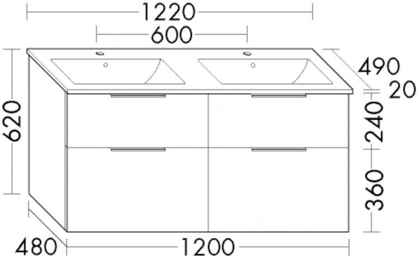 Badkamermeubel Set Burgbad Eqio Dubbele wastafel, meubel met 4 lades 1220x620mm Aanpasbaar SHBZ122-PN258