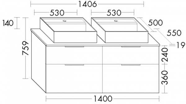 Badkamermeubel Set Burgbad Eqio Dubbele wastafel, 4 laden 1406x759mm Aanpasbaar SGUR140-PN258