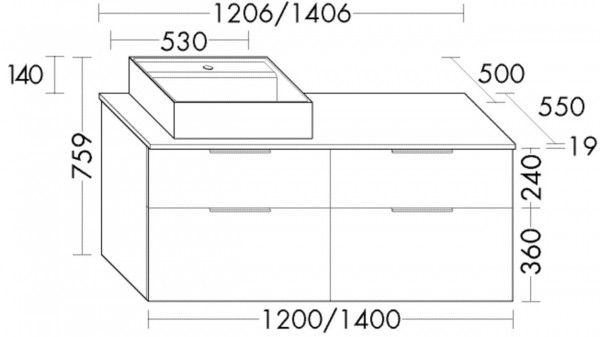 Badkamermeubel Set Burgbad Eqio Wastafel rechts/links, meubel met 4 lades 1206x759mm Aanpasbaar SGUS120-PN258