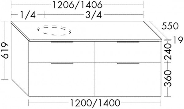 Wastafel Onderkast Burgbad Eqio voor Wastafel rechts/links, 4 laden 1206x619mm Aanpasbaar SGUU120-PN258